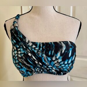 NWT BECCA Teal & Black Patterned Bikini Top w/ chunky silver beads, Sz Lge